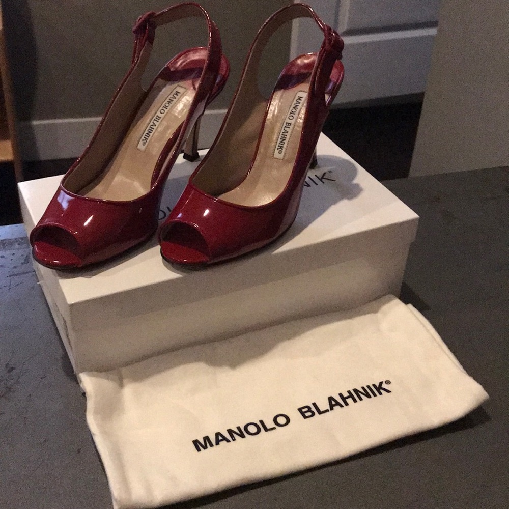 Patent leather Manolo Blahnik peep toe sling backs